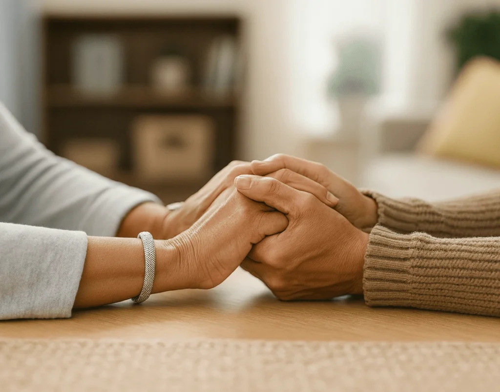 Elderly couple holding hands.