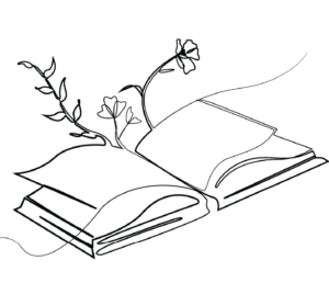 Outline of a book with flowers growing from its pages.