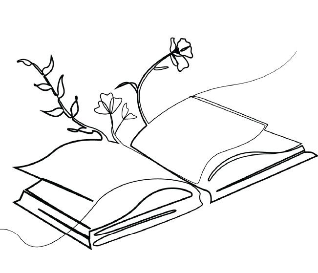 Outline of a book with flowers growing from its pages.