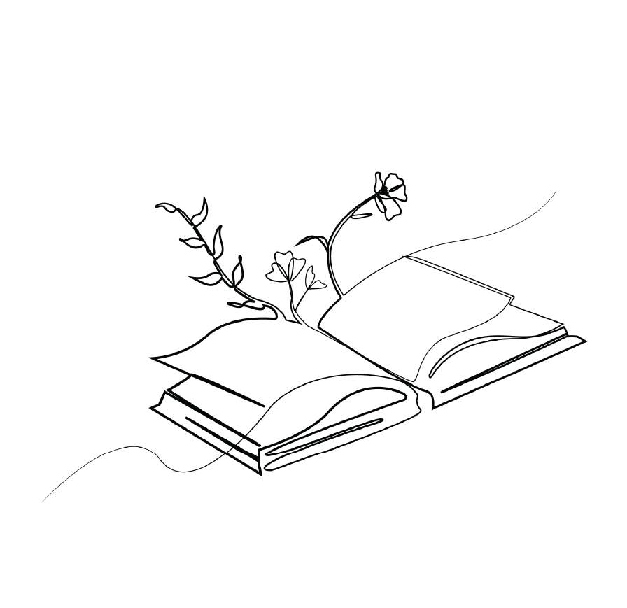 Outline of a book with flowers growing from its pages.