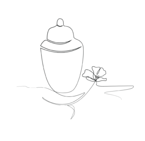 Outline of an urn with a flower beside it.