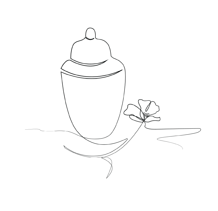 Outline of an urn with a flower beside it.